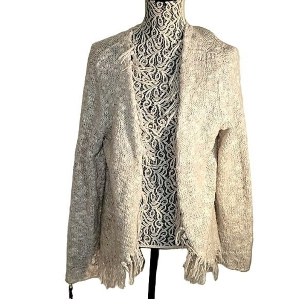 Chico's Beige Textured Fringe Cardigan